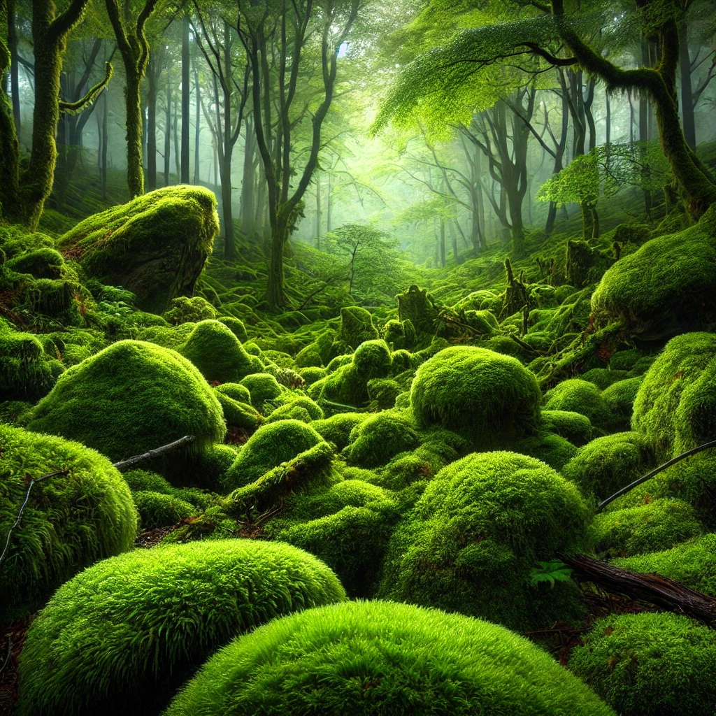 DALL·E 2025-02-17 00.04.02 – A lush, dense forest entirely covered in vibrant green moss. The trees, rocks, and forest floor are blanketed in soft moss, creating a mystical and en