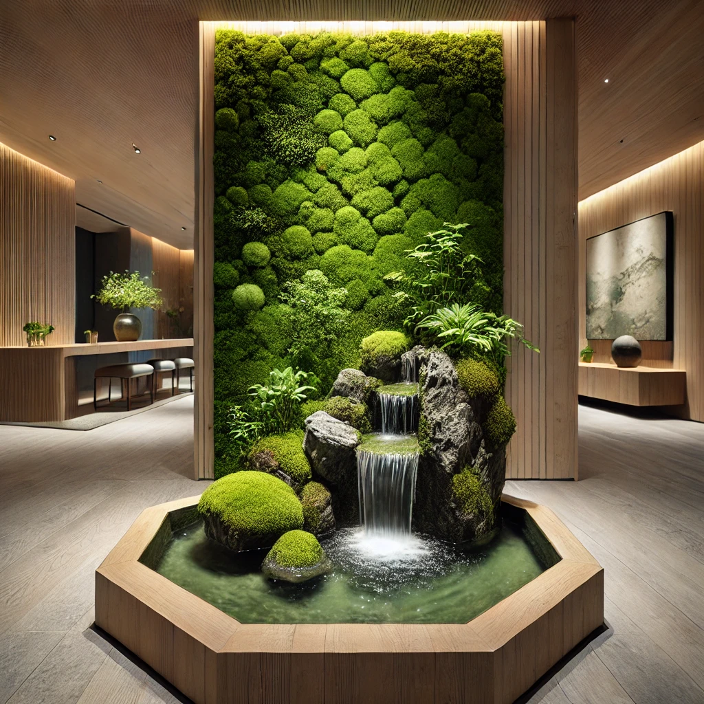 DALL·E 2025-02-17 00.31.55 – A modern interior featuring a small moss-covered fountain as the centerpiece. Water gently cascades over moss-covered rocks, creating a serene and nat